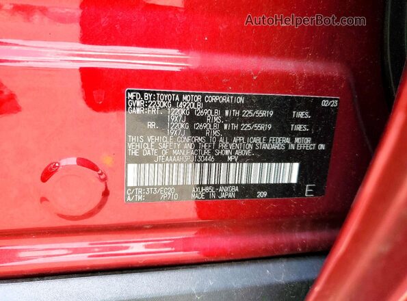 JTEAAAAH3PJ130446 2023 TOYOTA VENZA Red Vista de la etiqueta del VIN