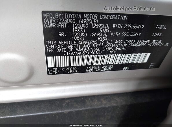 JTEAAAAH3RJ190133 2024 TOYOTA VENZA Silver Widok komory silnika