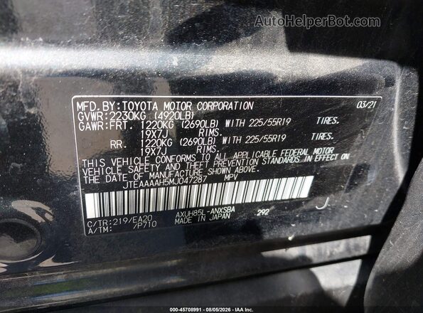 JTEAAAAH5MJ047287 2021 TOYOTA VENZA Black ძრავის განყოფილების ხედი