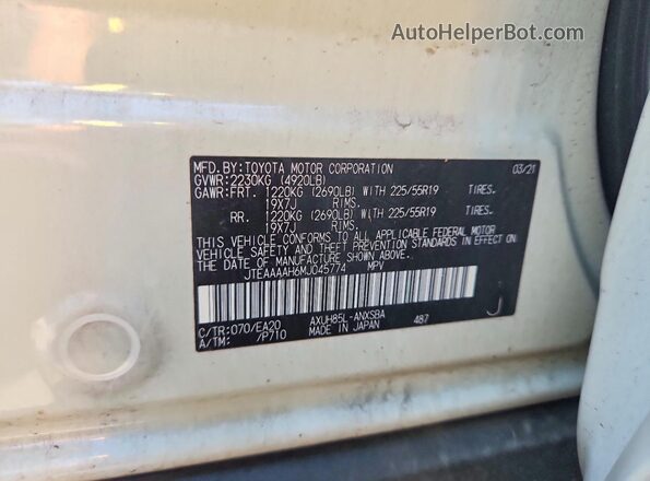 JTEAAAAH6MJ045774 2021 TOYOTA VENZA White Vista del compartimento del motor