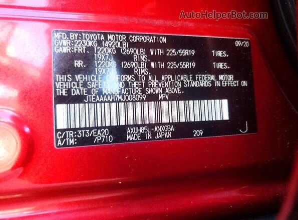 JTEAAAAH7MJ008099 2021 TOYOTA VENZA Red Вид наклейки з VIN-кодом