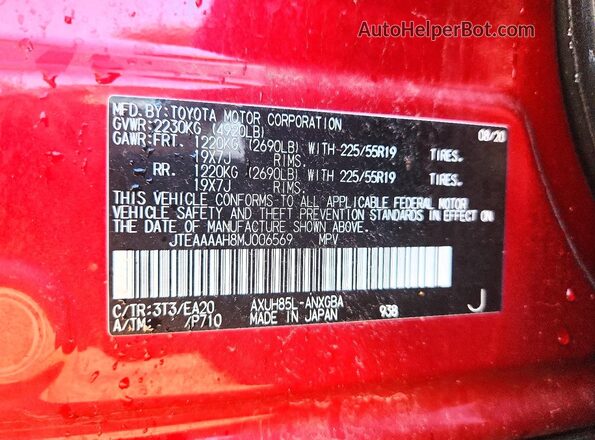 JTEAAAAH8MJ006569 2021 TOYOTA VENZA Red Widok komory silnika