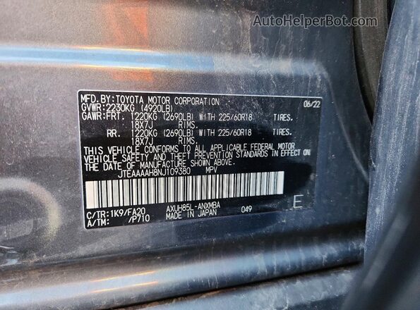 JTEAAAAH8NJ109380 2022 TOYOTA VENZA Серый Вид наклейки с VIN-кодом