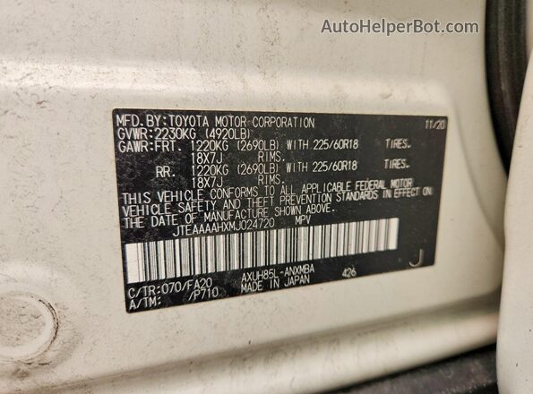 JTEAAAAHXMJ024720 2021 TOYOTA VENZA Белый Панорамный вид салона 360°