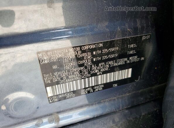 JTEAAAAHXMJ040299 2021 TOYOTA VENZA Серый Вид наклейки с VIN-кодом