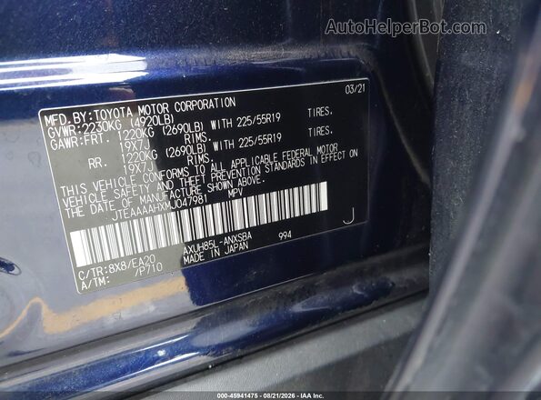 JTEAAAAHXMJ047981 2021 TOYOTA VENZA Blue Engine compartment view