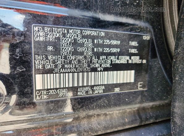 JTEAAAAHXNJ091870 2022 TOYOTA VENZA Black VIN კოდის სტიკერის ხედი