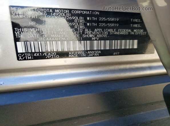 JTEAAAAH2MJ075211 2021 TOYOTA VENZA Серебряный Вид наклейки с VIN-кодом