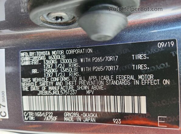 JTEBU5JR0L5751237 2020 TOYOTA 4RUNNER Charcoal VIN კოდის სტიკერის ხედი