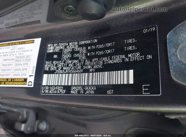 JTEBU5JR1K5664669 2019 TOYOTA 4RUNNER Gray Vista del compartimento del motor