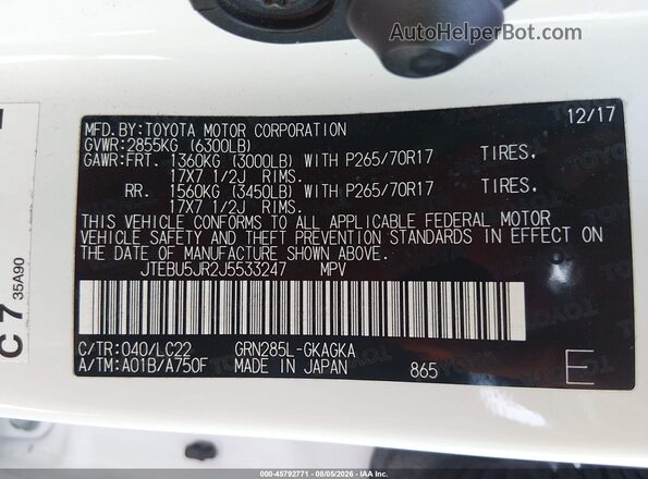JTEBU5JR2J5533247 2018 TOYOTA 4RUNNER White Widok komory silnika