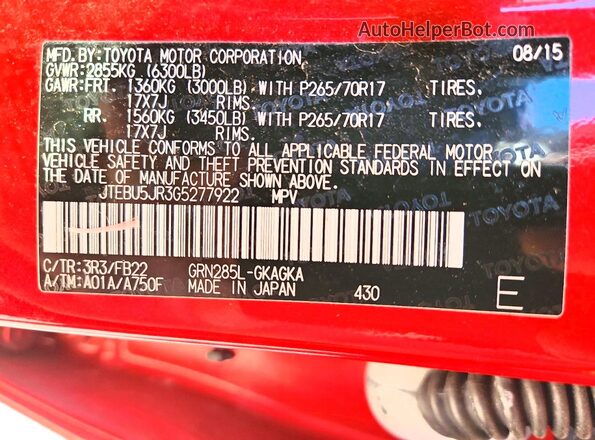 JTEBU5JR3G5277922 2016 TOYOTA 4RUNNER Red Vista interior de 360 grados