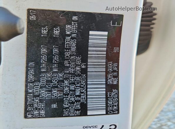 JTEBU5JR3J5490764 2018 TOYOTA 4RUNNER White Vista del compartimento del motor