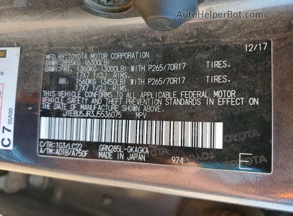 JTEBU5JR3J5536075 2018 TOYOTA 4RUNNER Charcoal Vista de la etiqueta del VIN