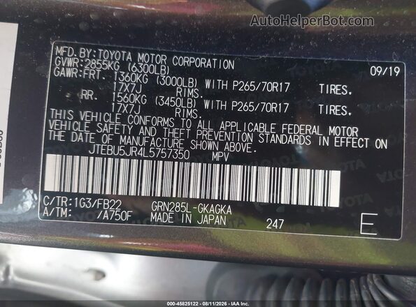 JTEBU5JR4L5757350 2020 TOYOTA 4RUNNER Gray Widok komory silnika