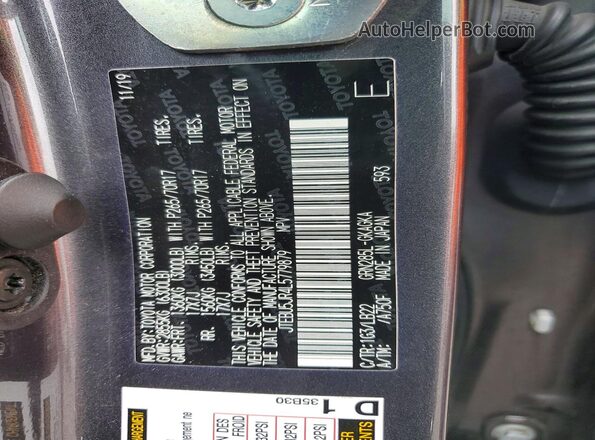 JTEBU5JR4L5779879 2020 TOYOTA 4RUNNER Gray Вид наклейки з VIN-кодом