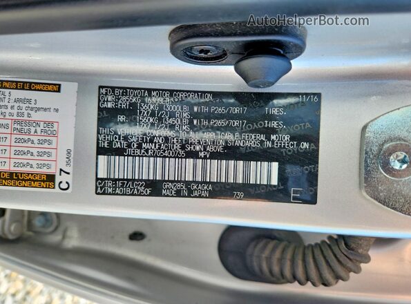 JTEBU5JR7G5400735 2016 TOYOTA 4RUNNER Silver VIN կոդի պիտակի տեսք