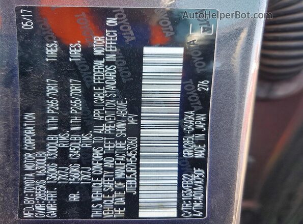 JTEBU5JR7H5453260 2017 TOYOTA 4RUNNER Gray Widok naklejki z numerem VIN