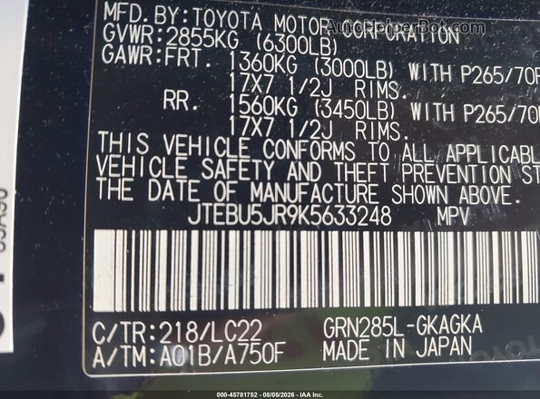 JTEBU5JR9K5633248 2019 TOYOTA 4RUNNER Black Engine compartment view