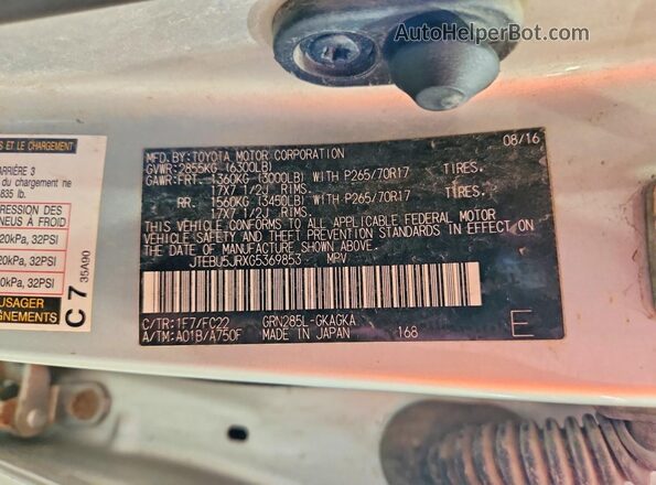JTEBU5JRXG5369853 2016 TOYOTA 4RUNNER Silver Вид наклейки з VIN-кодом