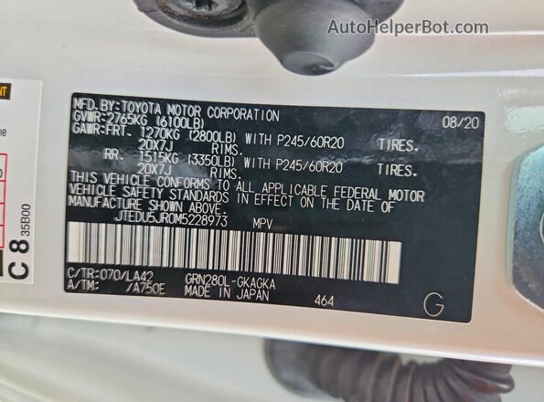 JTEDU5JR0M5228973 2021 TOYOTA 4RUNNER White VIN կոդի պիտակի տեսք