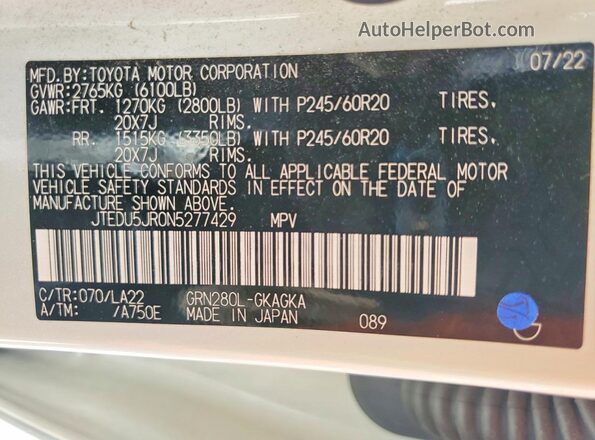 JTEDU5JR0N5277429 2022 TOYOTA 4RUNNER White VIN კოდის სტიკერის ხედი