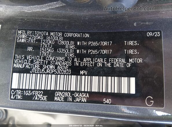 JTEEU5JR0P5302823 2023 TOYOTA 4RUNNER Gray Vista del compartimento del motor