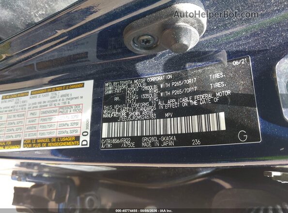 JTEEU5JR2M5246783 2021 TOYOTA 4RUNNER Blue Շարժիչի բաժամունքի տեսք