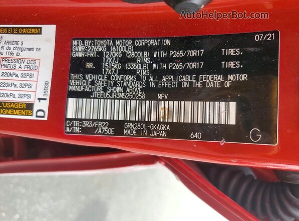 JTEEU5JR3M5250258 2021 TOYOTA 4RUNNER Red Vista de la etiqueta del VIN