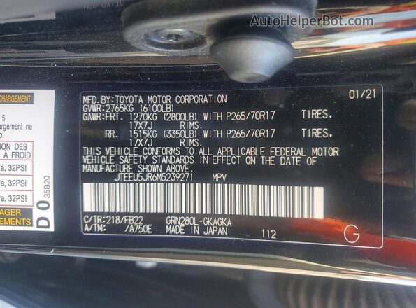 JTEEU5JR6M5239271 2021 TOYOTA 4RUNNER Черный Вид наклейки с VIN-кодом
