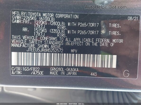 JTEEU5JR6N5252572 2022 TOYOTA 4RUNNER Gray Вид підкапотного простору