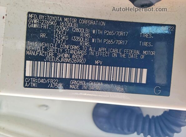 JTEEU5JR8N5269907 2022 TOYOTA 4RUNNER White VIN կոդի պիտակի տեսք