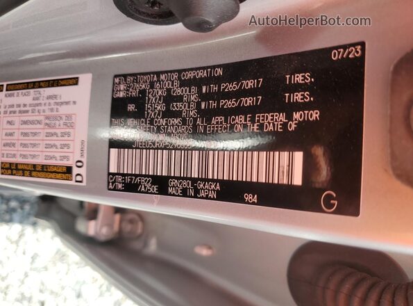 JTEEU5JRXP5296805 2023 TOYOTA 4RUNNER Серебряный Вид наклейки с VIN-кодом
