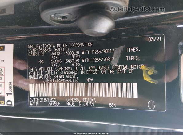 JTEMU5JR2M5920118 2021 TOYOTA 4RUNNER Black ძრავის განყოფილების ხედი