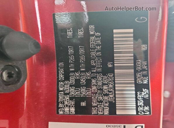 JTEMU5JR7M5878240 2021 TOYOTA 4RUNNER Red VIN კოდის სტიკერის ხედი