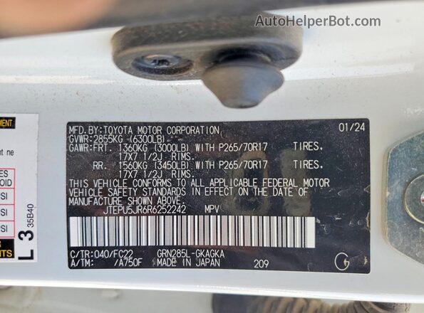 JTEPU5JR6R6252242 2024 TOYOTA 4RUNNER Белый Вид наклейки с VIN-кодом