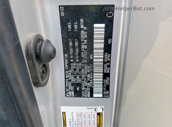 JTERU5JR3P6134722 2023 TOYOTA 4RUNNER Silver Вид наклейки з VIN-кодом