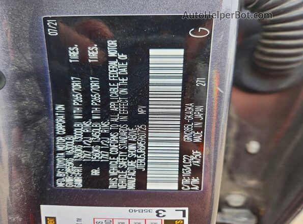 JTERU5JR6M5960725 2021 TOYOTA 4RUNNER Gray Вид наклейки з VIN-кодом