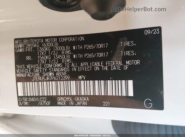JTERU5JR7P6212399 2023 TOYOTA 4RUNNER White Engine compartment view
