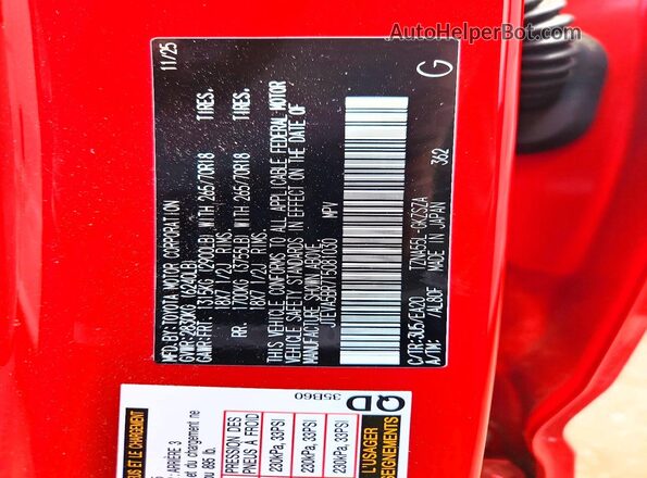 JTEVA5BR7T5081030 2026 TOYOTA 4RUNNER Red Vista de la etiqueta del VIN