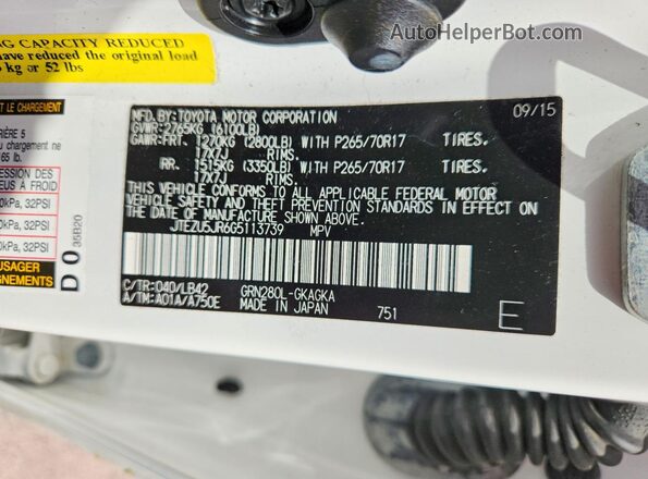 JTEZU5JR6G5113739 2016 TOYOTA 4RUNNER White Widok naklejki z numerem VIN