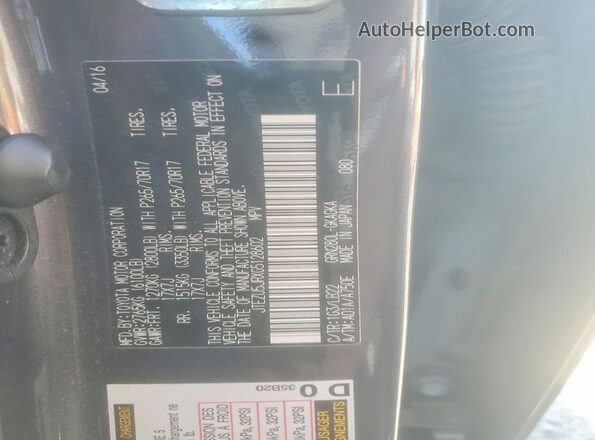 JTEZU5JRXG5128602 2016 TOYOTA 4RUNNER Gray VIN კოდის სტიკერის ხედი