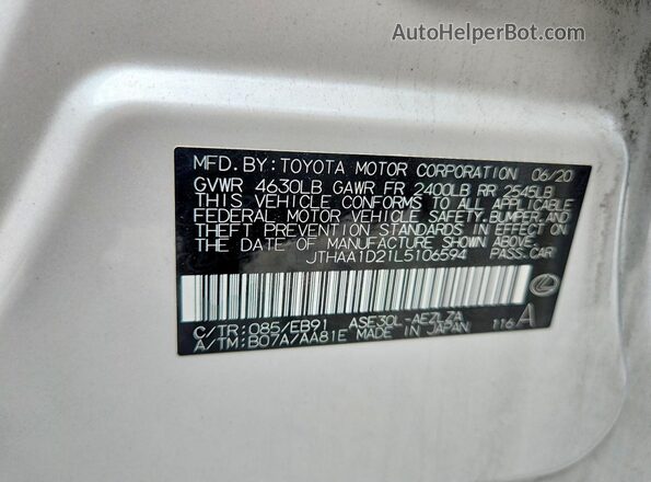 JTHAA1D21L5106594 2020 LEXUS IS White Вид наклейки з VIN-кодом