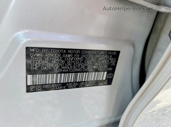 JTHAA1D2XM5109706 2021 LEXUS IS Белый Вид наклейки с VIN-кодом