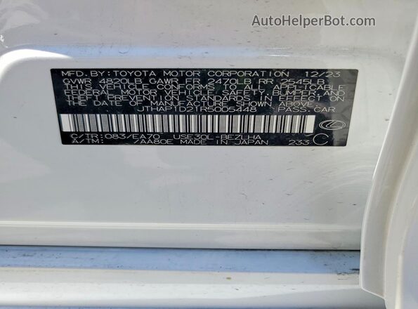 JTHAP1D21R5005448 2024 LEXUS IS White VIN კოდის სტიკერის ხედი