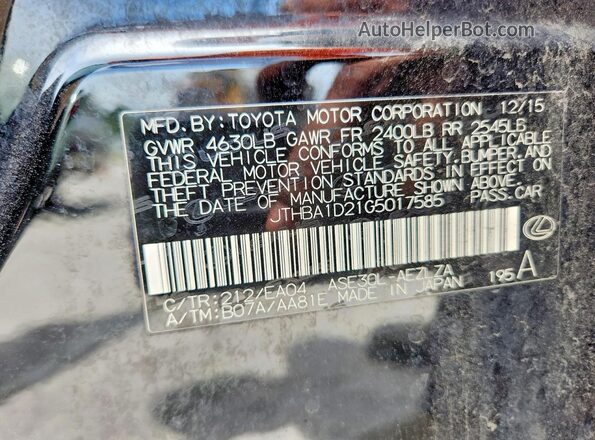 JTHBA1D21G5017585 2016 LEXUS IS Black VIN sticker view