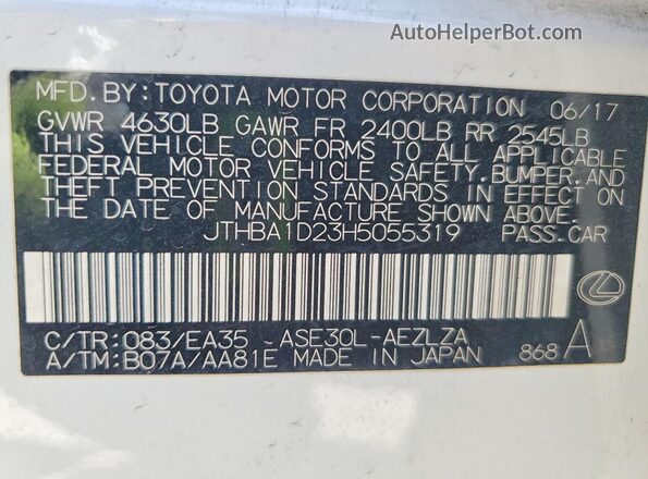 JTHBA1D23H5055319 2017 LEXUS IS White VIN կոդի պիտակի տեսք