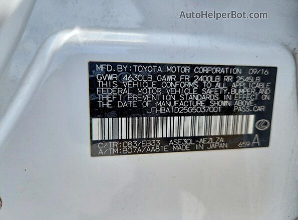 JTHBA1D25G5037001 2016 LEXUS IS White VIN sticker view