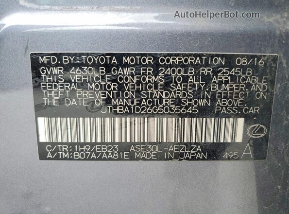 JTHBA1D26G5035645 2016 LEXUS IS Gray Vista de la etiqueta del VIN