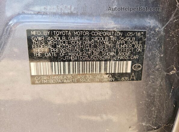 JTHBA1D26J5078289 2018 LEXUS IS Gray VIN կոդի պիտակի տեսք